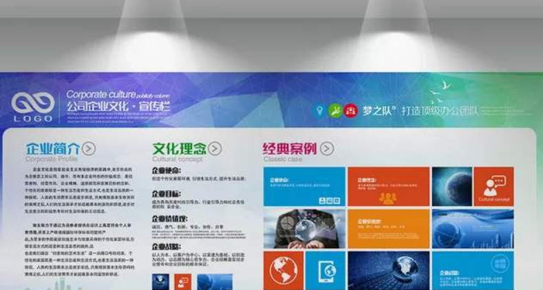 簡約藍(lán)色立體企業(yè)文化墻展板設(shè)計圖